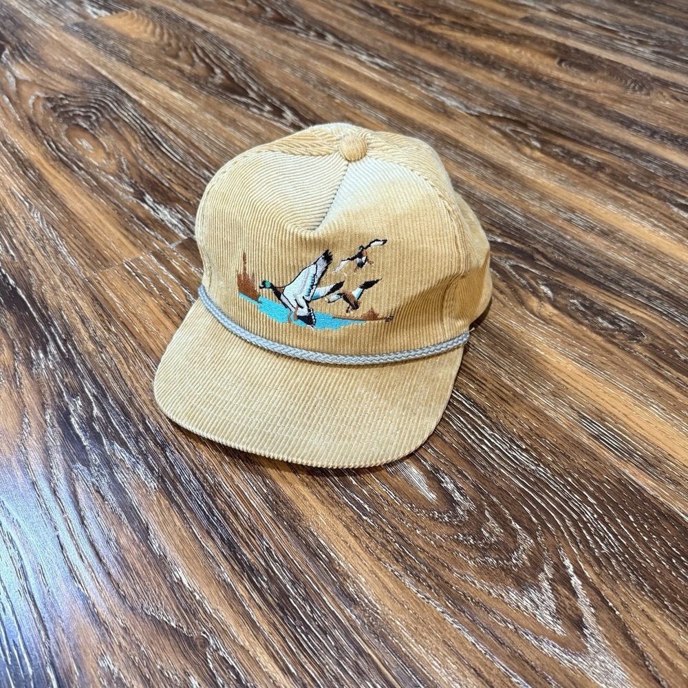 Vtg. Corduroy Hat Cap Mallard Duck Embroidered Rope Band Youngan Snap Back Mens